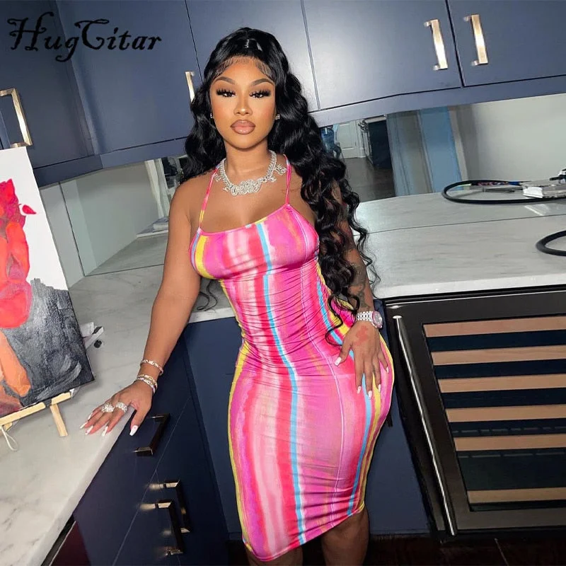 Hugcitar Tie Dye Print Sleeveless Backless Halter Sexy Midi Dress 2021 Summer Women Fashion Streetwear Outfits Club Clothing