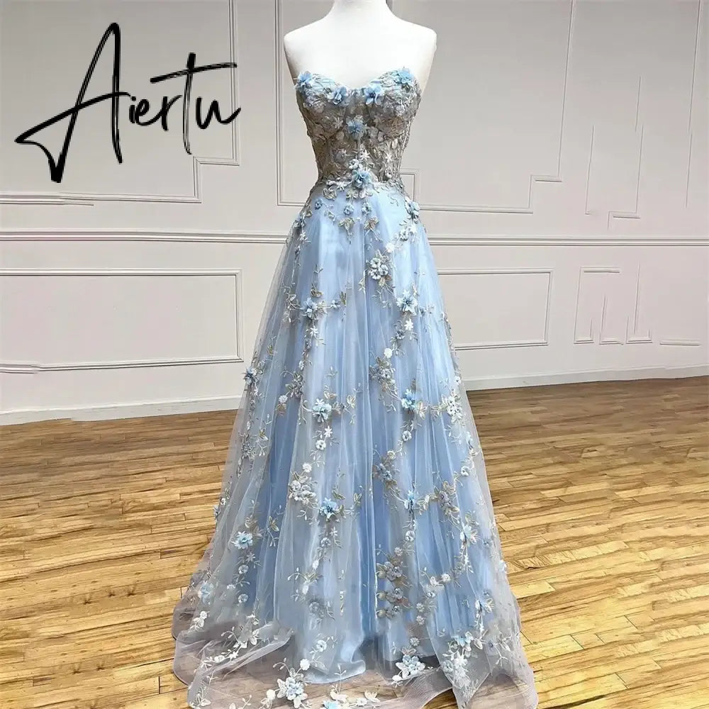 Aiertu Blue Elegant Sexy Wedding Party Dress A-Line Strapless Celebrity Dress Appliques Lace Special Occasion Dress robes Aiertu