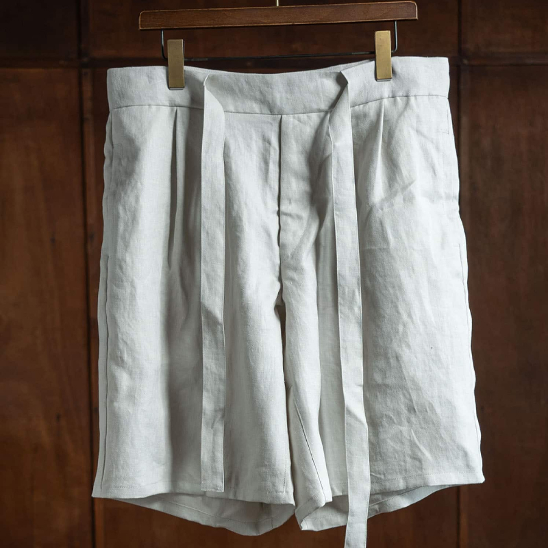 Men's White Linen Twill Belted Shorts