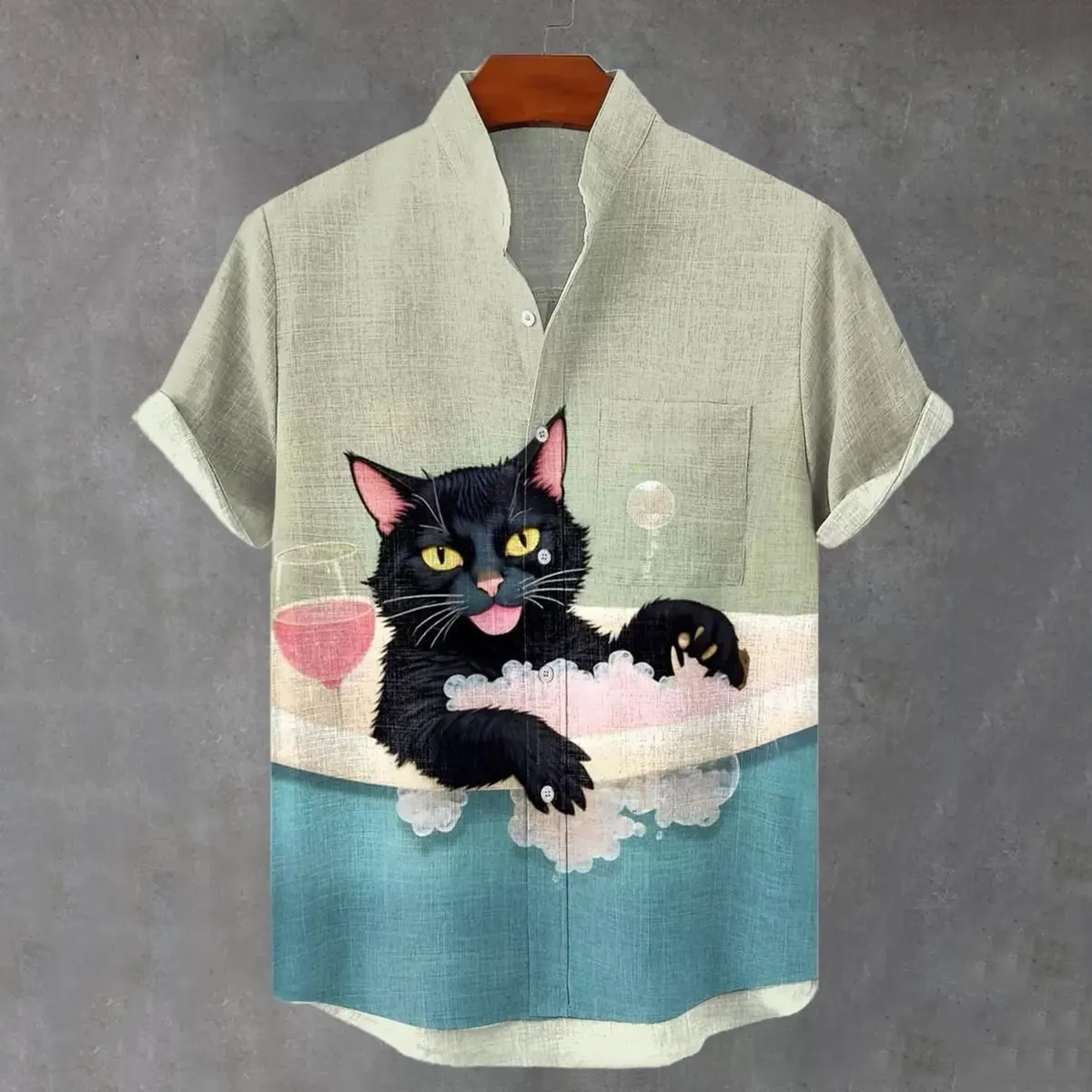 Men's Fun Bathing Cat Print Casual Linen Blend Short-sleeve Shirt  artssus
