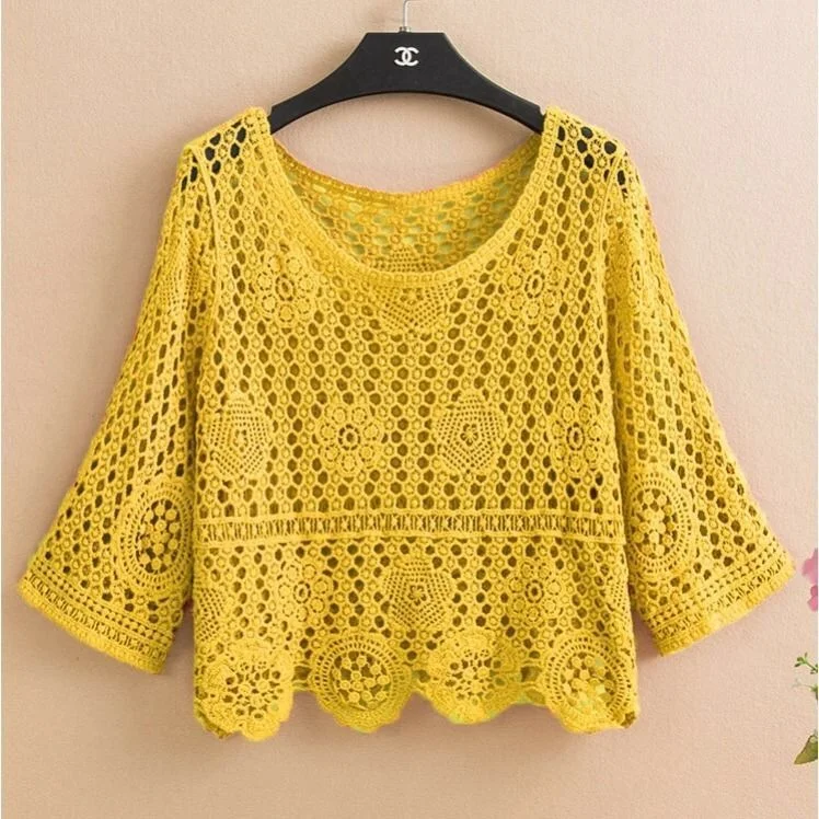 Pullover summer short hedging knitted hollow flower small outer super fairy all-match lace top