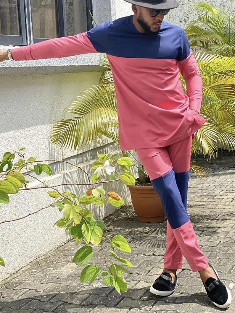 Men's casual pink navy printed long sleeve two-piece set