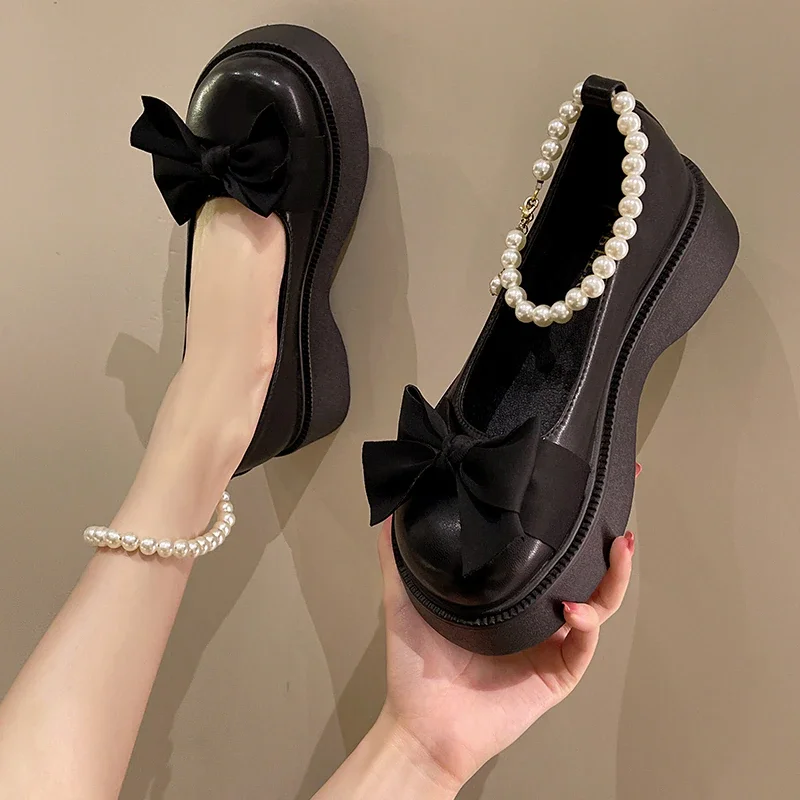 Qengg Women Thick Platform Mary Janes Lolita Shoes Party Pumps Summer 2022 New Sandals Bow Chain Mujer Shoes Fashion Oxford Zapatos