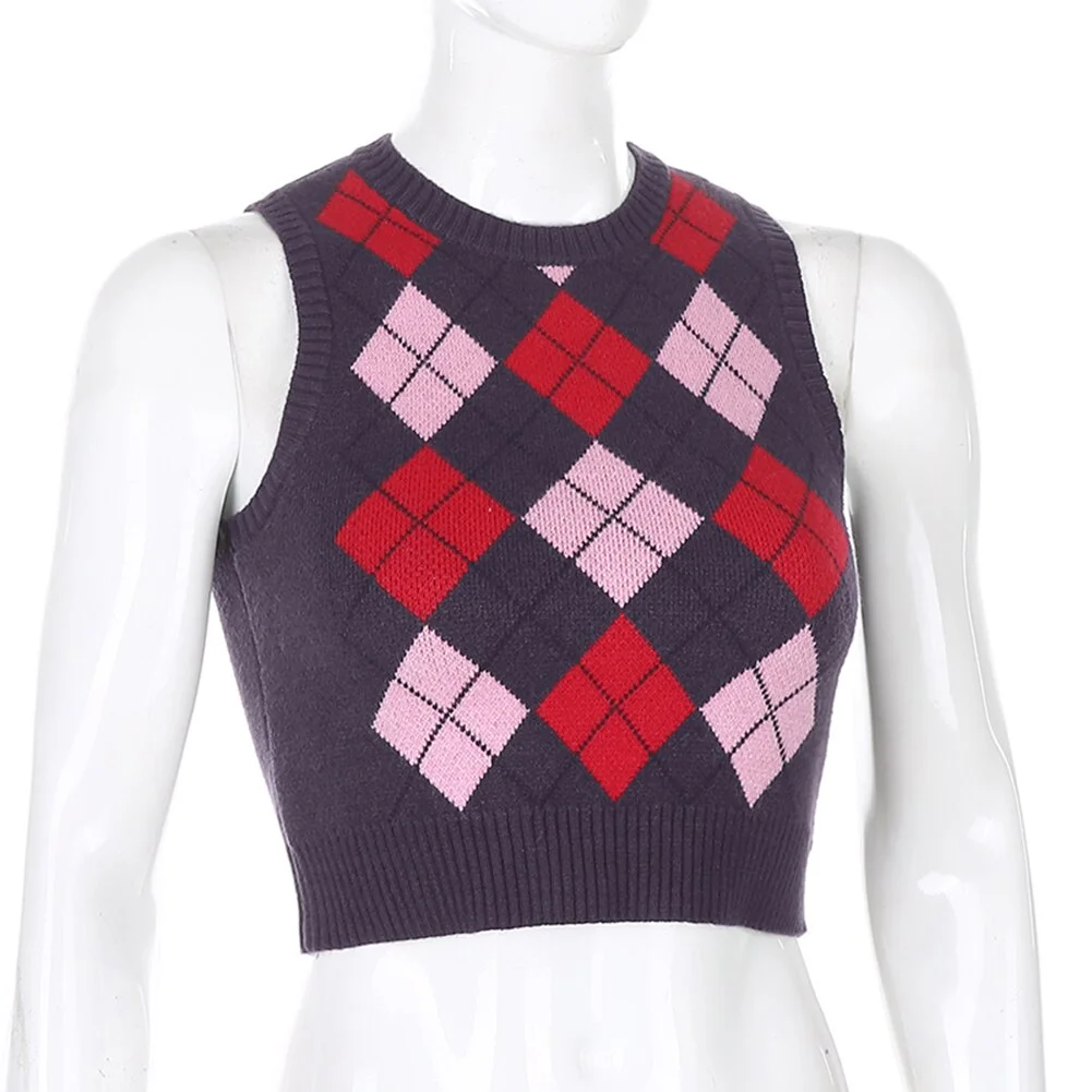 Darlingaga Vintage Argyle Plaid Knitted Sweater Vest y2k Sleeveless Cropped Tops Sweater Harajuku Women Pullovers Autumn Mini