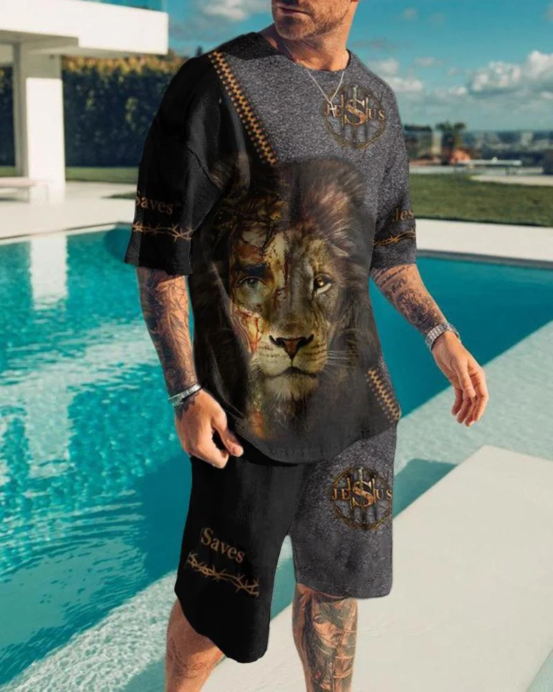 Simple Men's Suit LION Print Short Sleeve Shorts