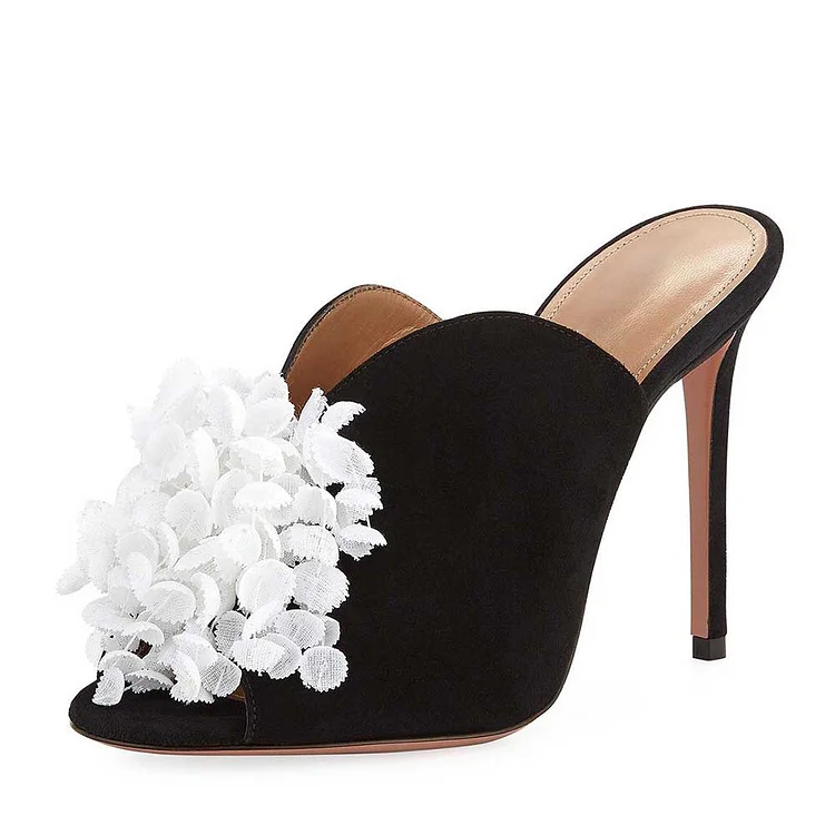 Black Peep Toe White Lily Floral Embellished Mule Heels |FSJ Shoes