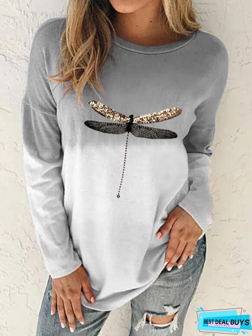 Printed Long Sleeve Casual Crew Neck Tunic T-Shirt