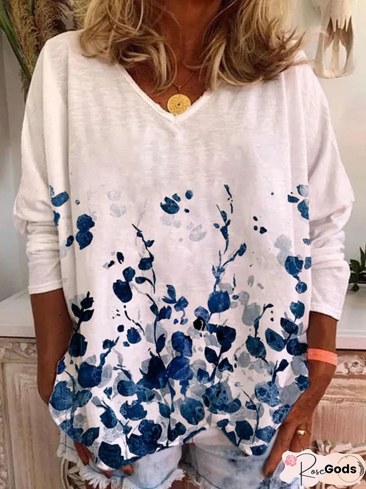 V-Neck Floral Print Loose Long-Sleeved T-Shirt