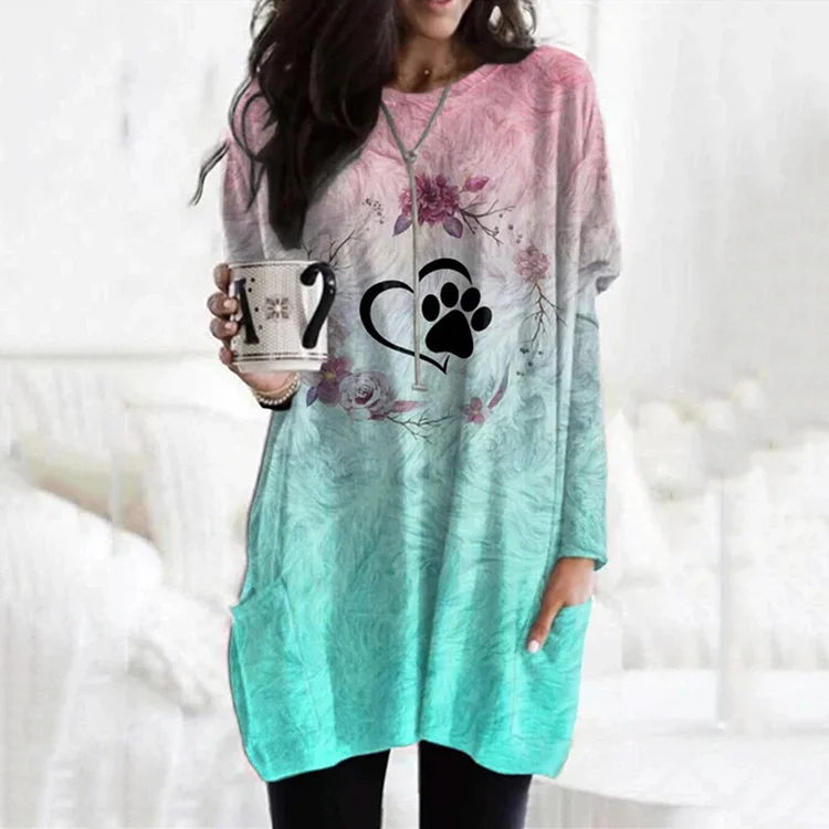 Heart Paw Ombre Print Pocket Long Sleeve Tunic