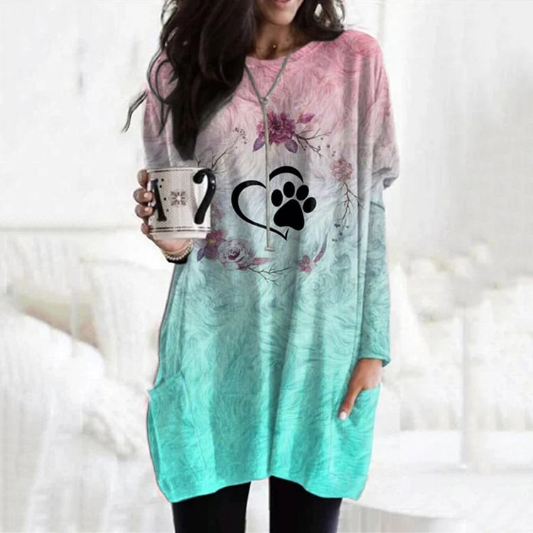 Comstylish Heart Paw Ombre Print Pocket Long Sleeve Tunic