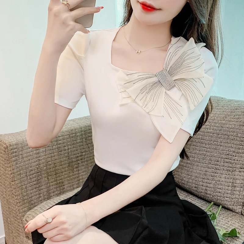 Toloer Toloer Shot Summer New Square Collar Short Sleeve Bow Bubble Sleeve Design Sense Joker Head Shirt Jacket-Outfit Ideas