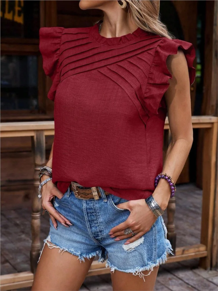 Women's Elegant Design Casual Solid Butterfly Ruffle Sleeve Blouse T-shirt