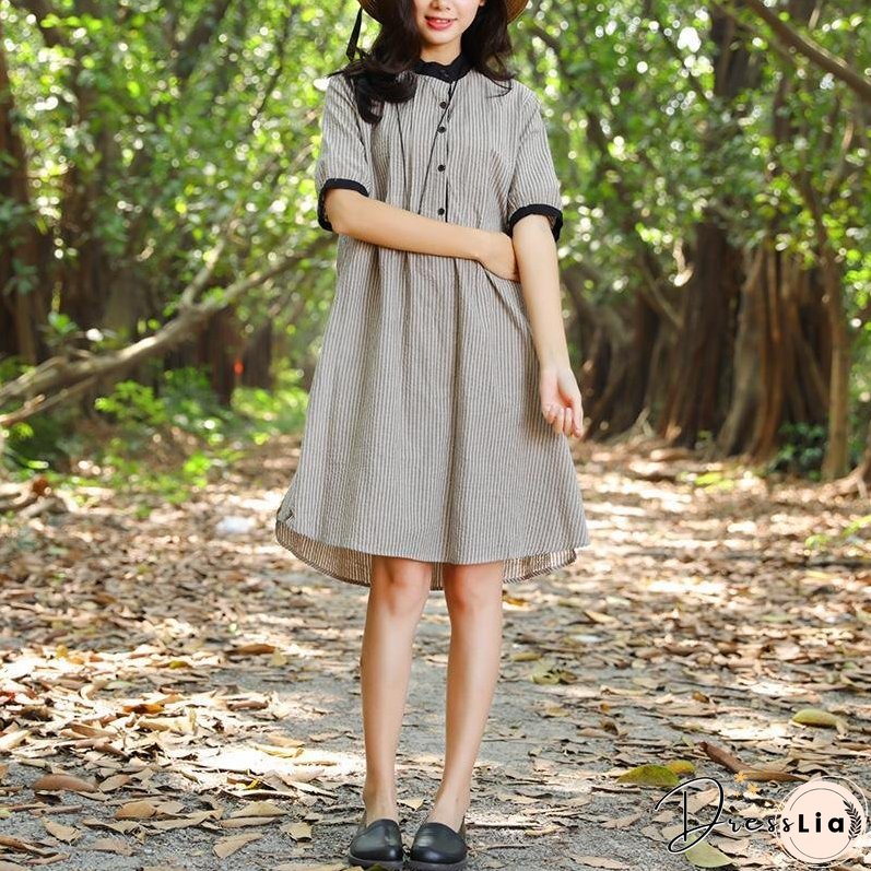 Women Stand Collar Buttons Stripe Pockets 1/2 Sleeve Dress