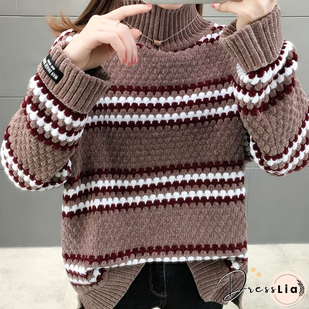 Warm Sweater Women's Velvet Full-sleeve Sweater Winter Solid Color Ladies High-neck Loose Women's Pullover
