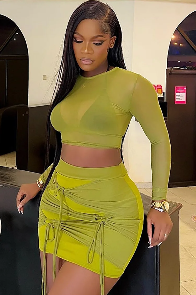 Mesh Long Sleeve Crop Top Ruched Tie Up Bodycon Mini Skirt Matching Set-Green