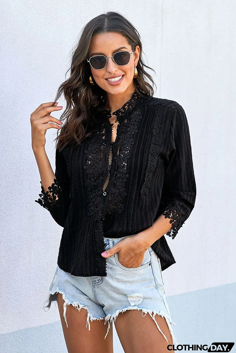 Black Sweet Mary Crochet Lace Shirt