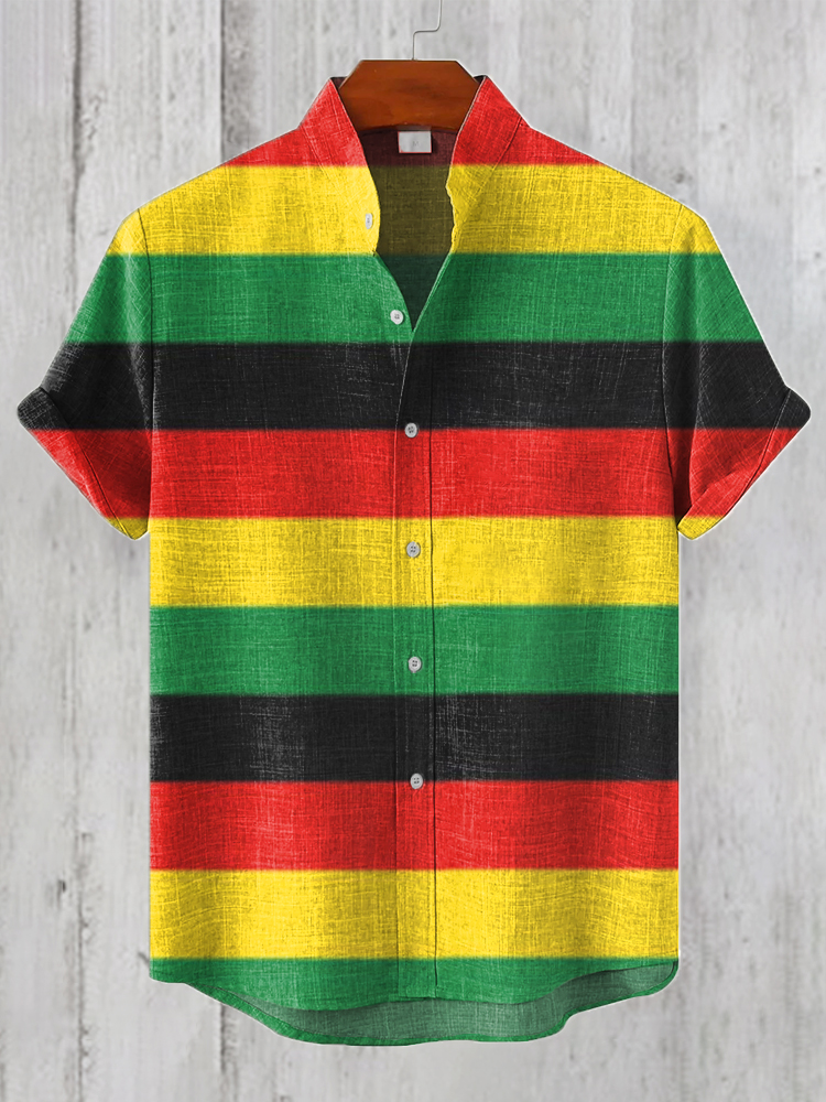Men's Reggae Inspired Stripe Pattern Linen Blend Shirt wearshes