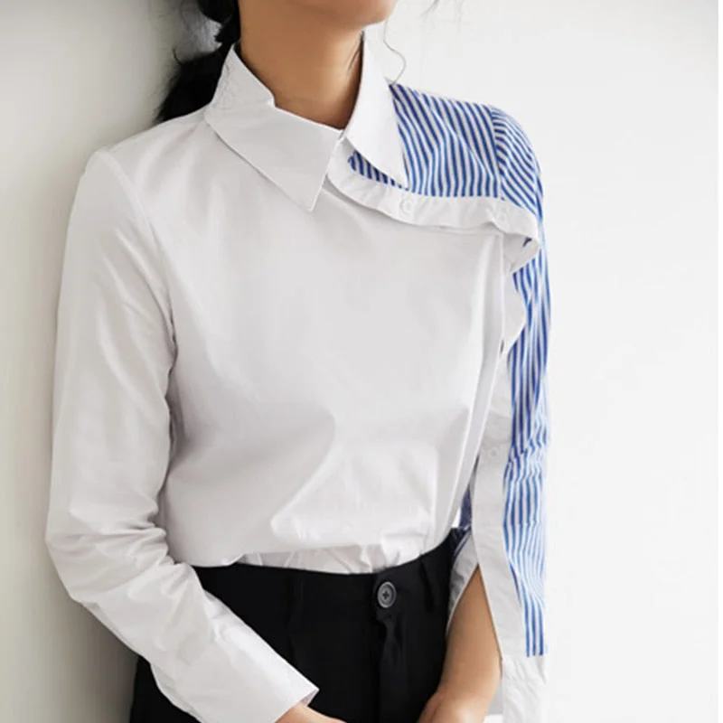 New Arrival Women Turn Down Collar White Shirt Blouse Striped Patchwork Elegant Chic Korean Style Feminina Blusa T9O908F