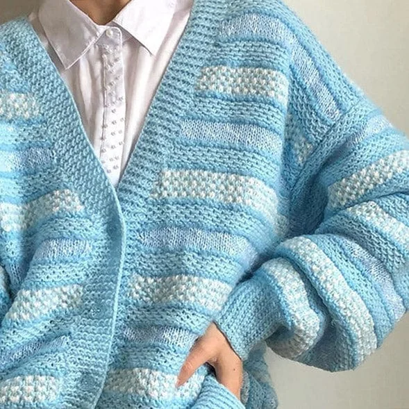 Blue Striped Knit Cardigan