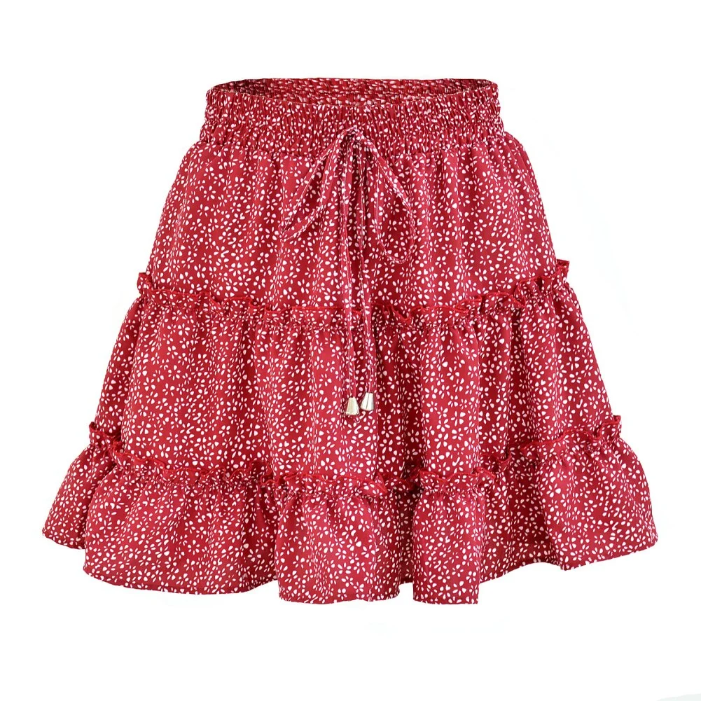 Summer Beach Women Bohemian Flower Print Ruffled High Waist A Line Mini Skirt new