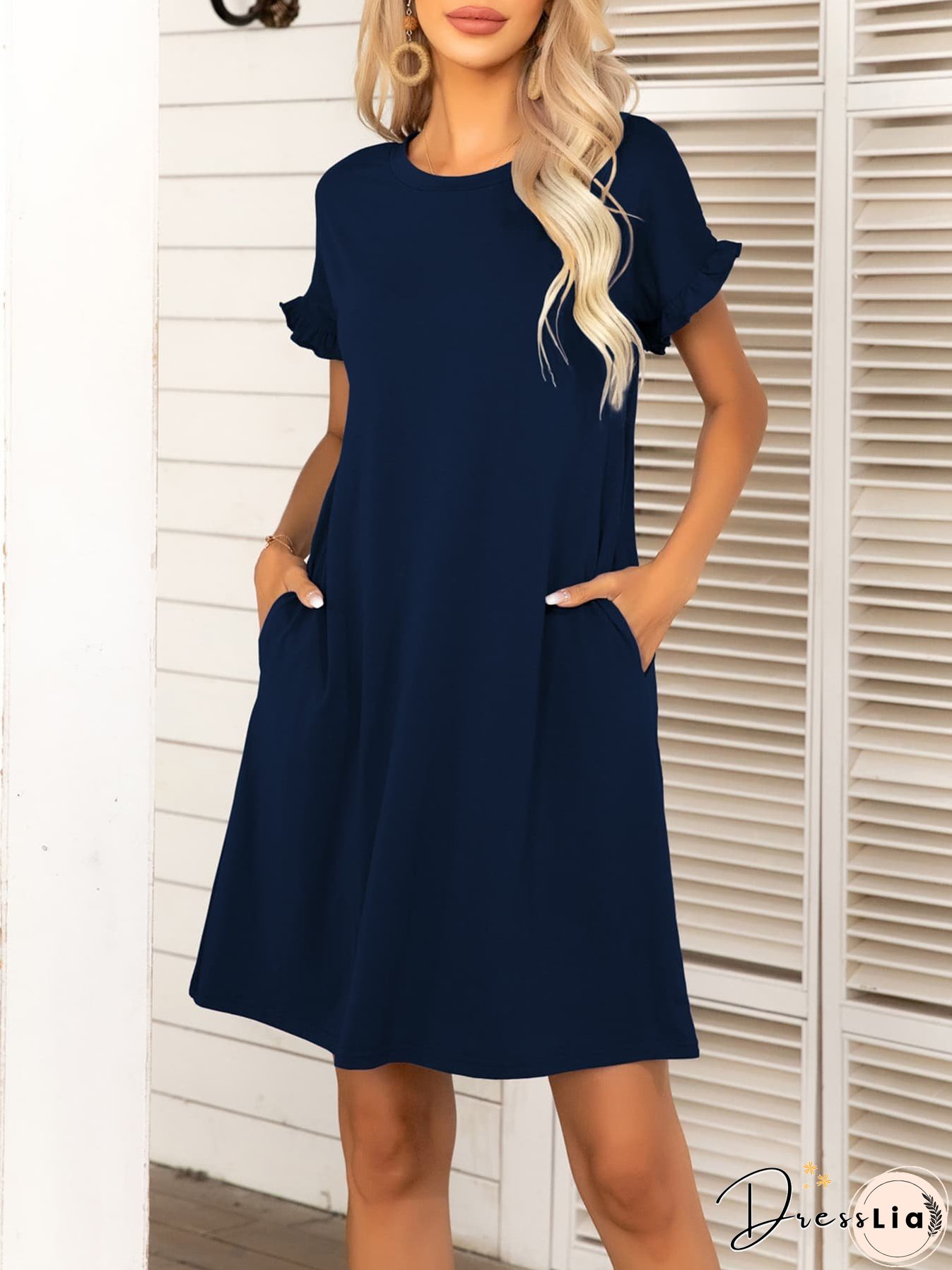 Round Neck Flounce Sleeve Dress with Pockets