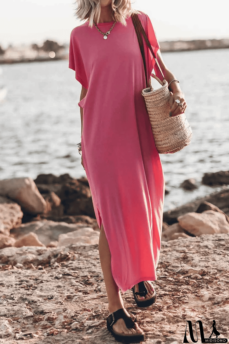 Pink Crew Neck Bat Sleeve Split Maxi T-shirt Dress