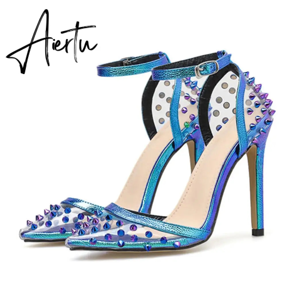 Brand Sexy Thin High Heels Party Summer Sandals Shoes Woman Pointed Toe Rivets PVC women's ankle-strap Lady Shoes Aiertu