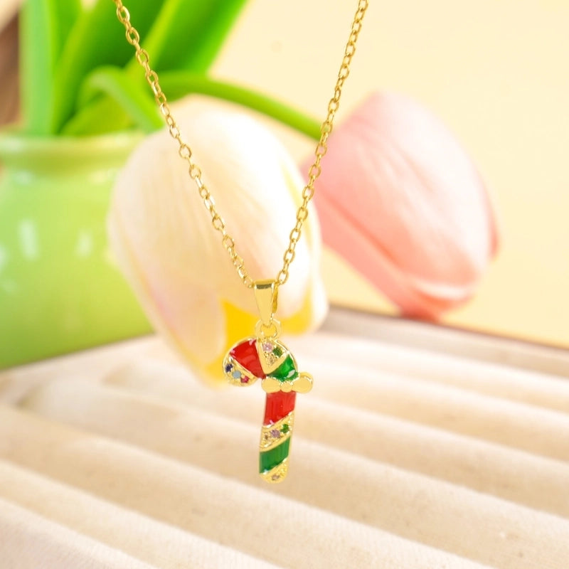 Titanium Steel Copper Cable Chain Enamel Inlay Christmas Hat Santa Claus Christmas Socks Pearl Zircon Pendant Necklace