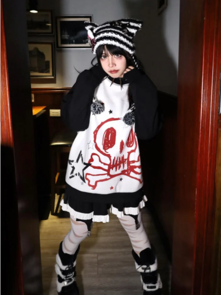 Lourdasprec   Emo Gothic Skull Print Sweatshirt Women Y2k Cyber Punk Patchwork Long Sleeve T-shirts Harajuku Oversized Loose Hoodies