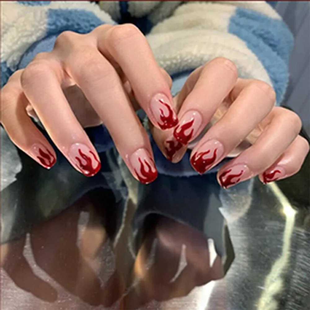 24pcs/Box 2021 Trend Black Flame False Nails Finished Fake Nails With Cross Foreign Design Removable Waterproof Nail Tips 1103-Nail Inspo