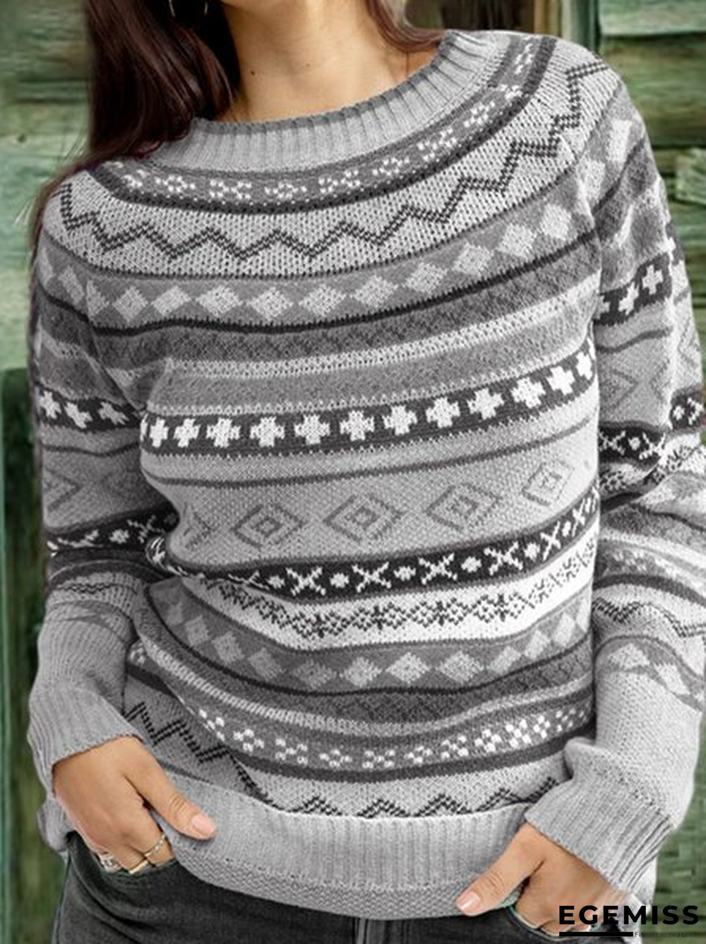 Color-Block Crew Neck Long Sleeve Geometric Sweater | EGEMISS