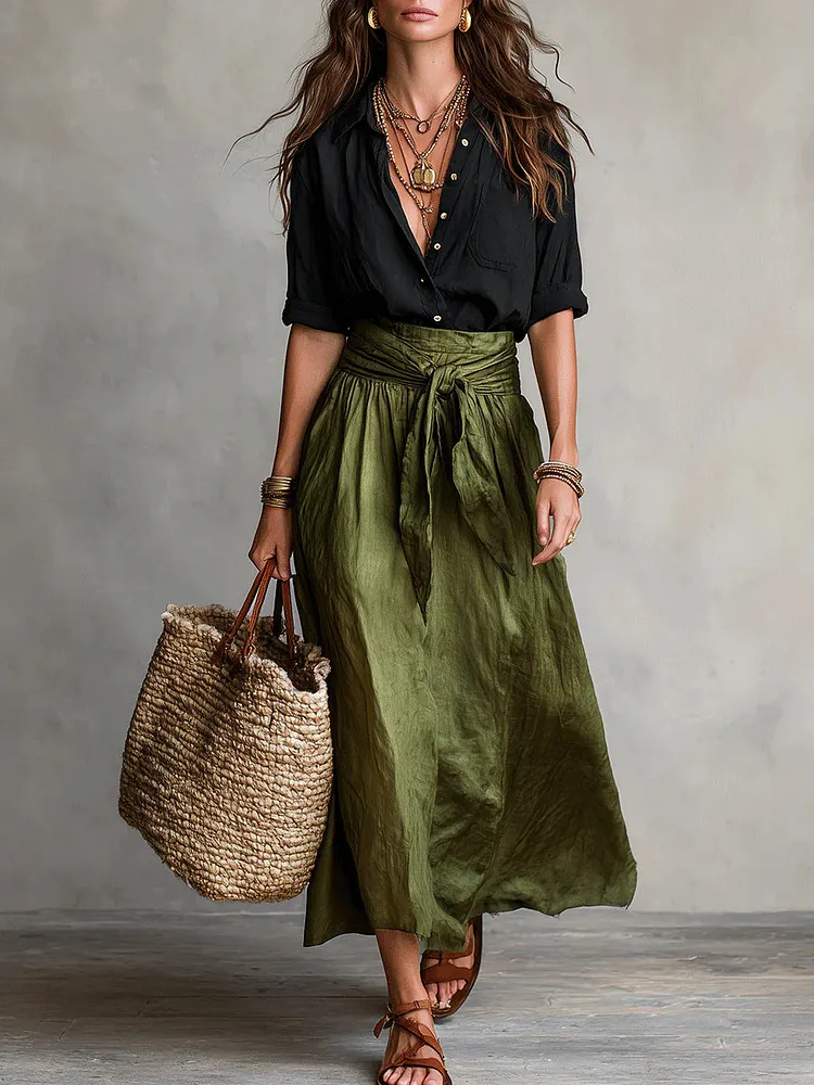 ⛱️New Summer Arrivals - Women's Black Color-Block T-Shirt and Olive Green Midi Skirt