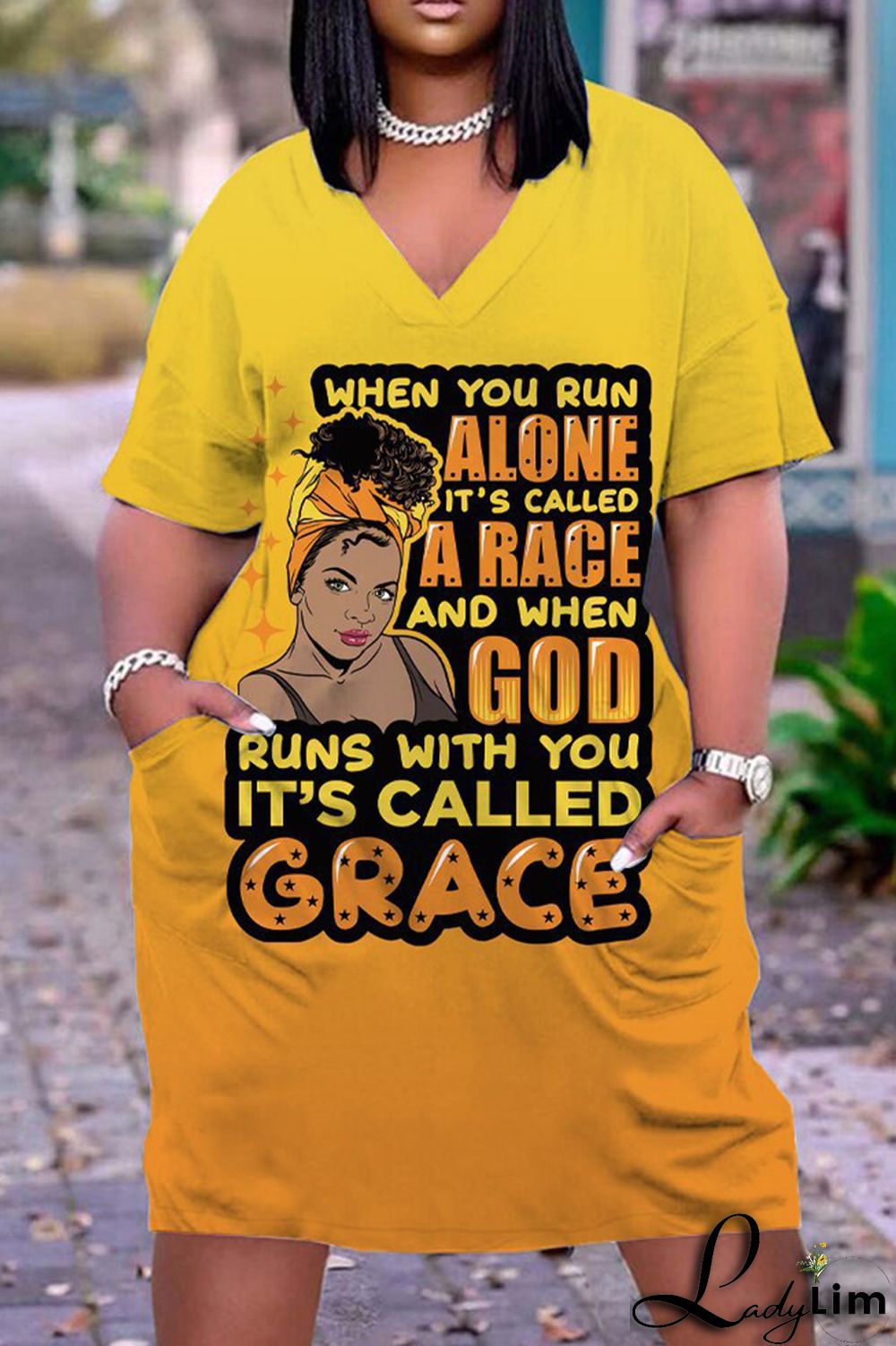 Orange Green Fashion Casual Print Basic V Neck Short Sleeve Dress