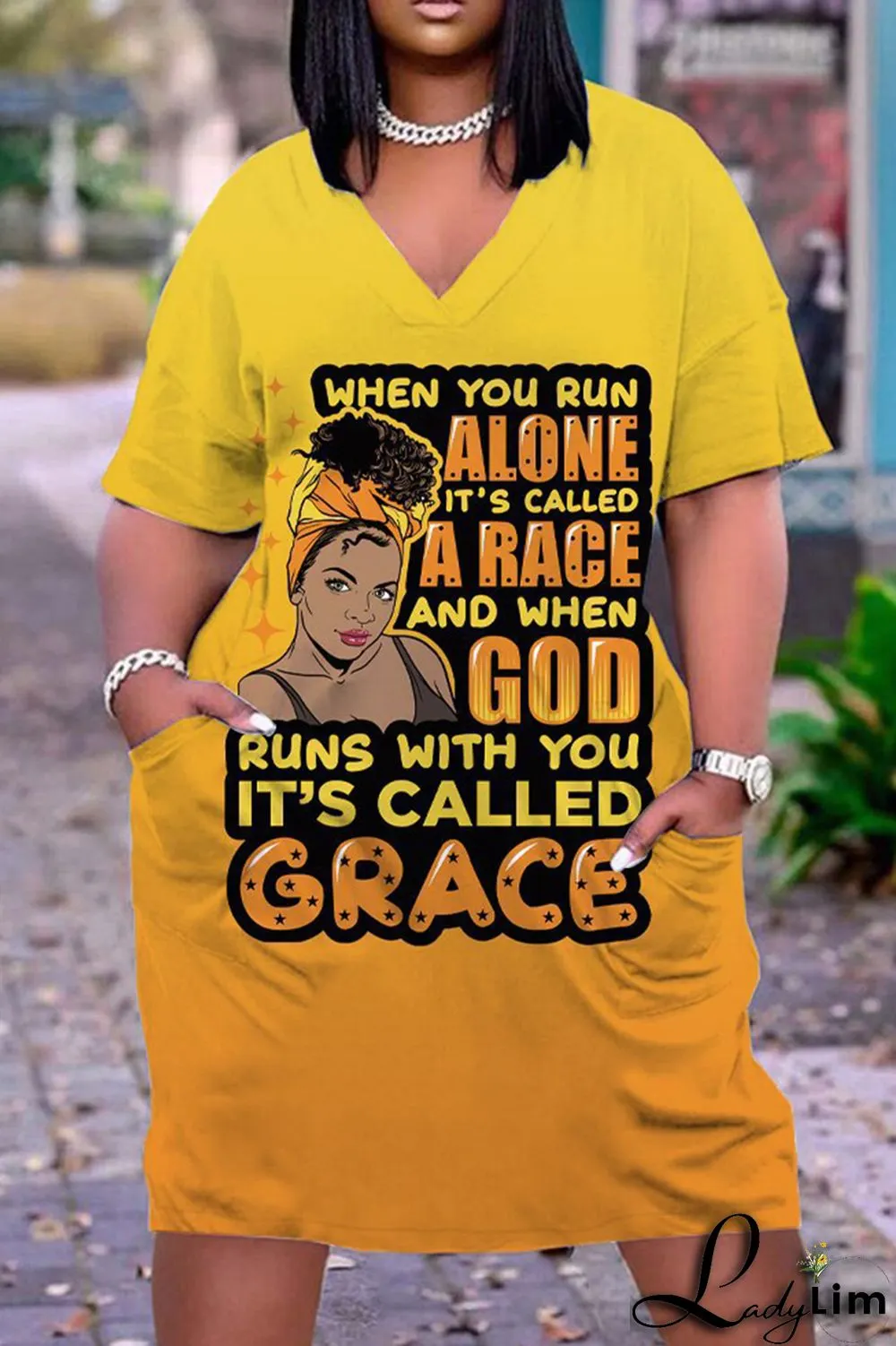 Orange Green Fashion Casual Print Basic V Neck Short Sleeve Dress