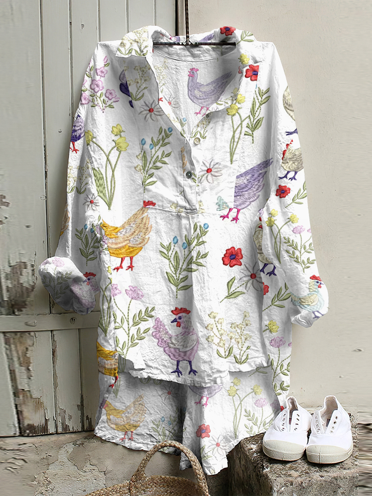 Comstylish Casual Floral Chicken Linen Short Front And Long Back Blouse