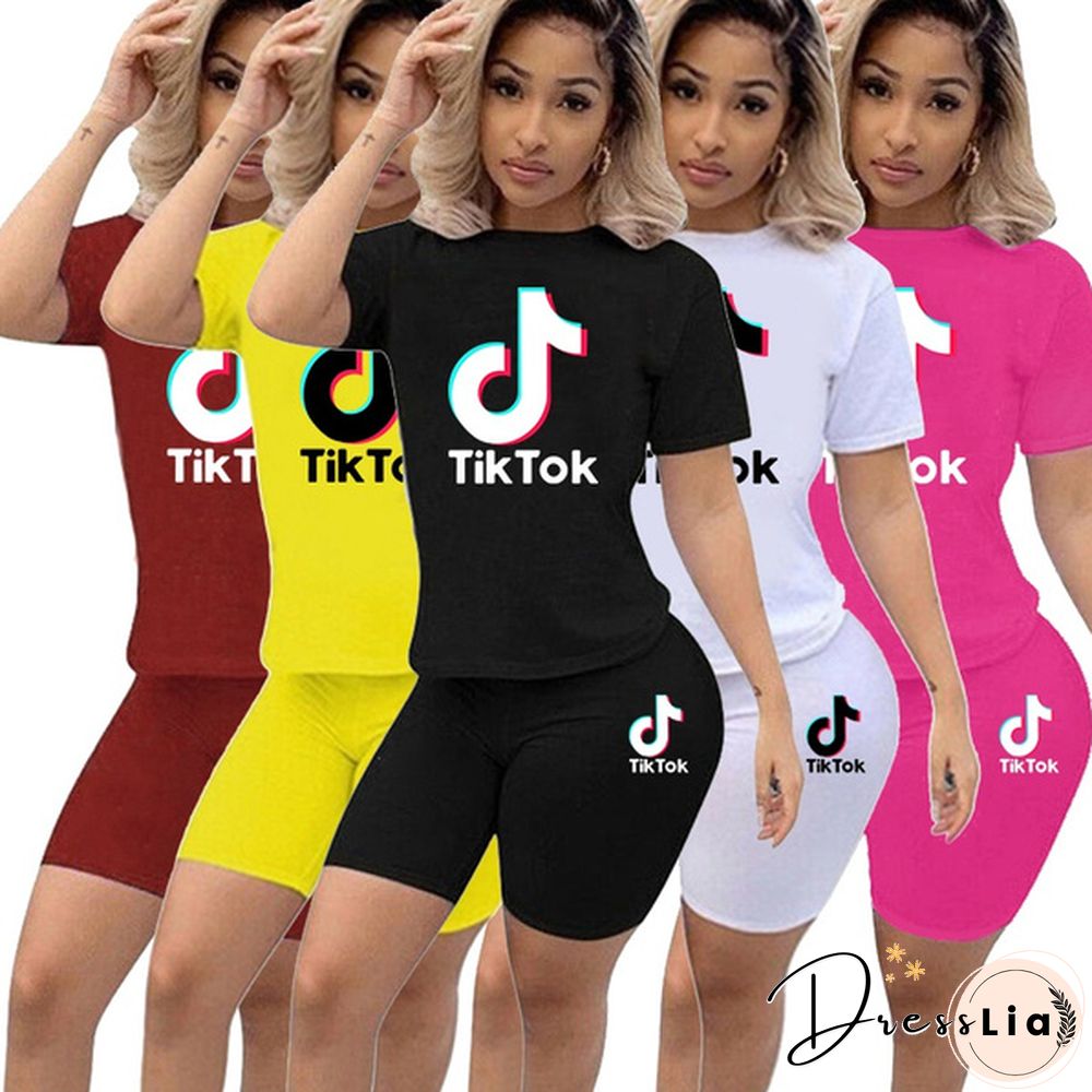 Fashion Women Sporting Two Piece Set Ladies Short-Sleeved Summer Outfits Casual Sportswear Biker Shorts Above Knee Pants Suit