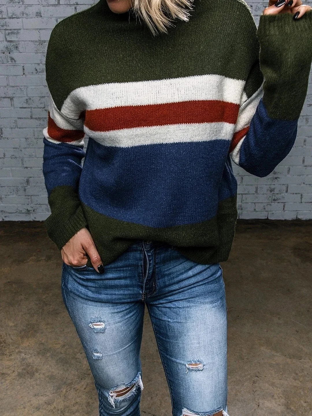 Color-Block Crew Neck Long Sleeve Sweater