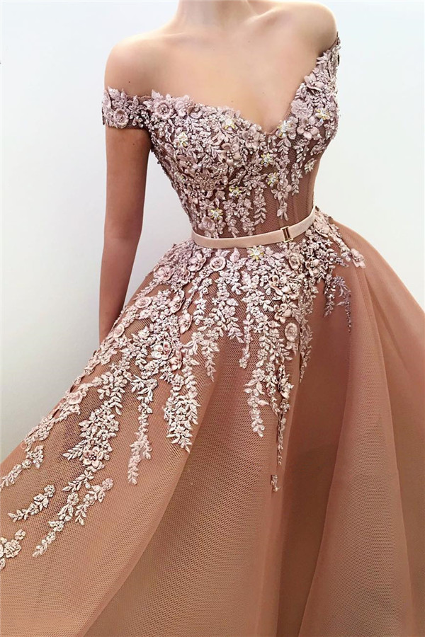 Daisda Off The Shoulder Appliques Elegant V Neck Mermaid Prom Dress With Belt