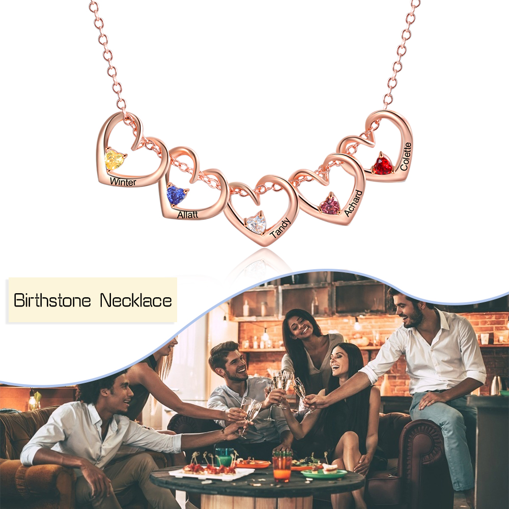 Personalised Heart Pendant Necklace Custom 5 Names & 5 Birthstones Necklace Gifts for Her-Jessemade AU