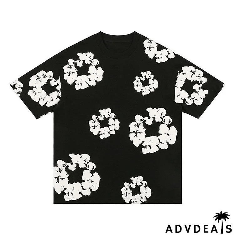 Y2k Women Men Summer Kapok Flower Full Printing Foaming Printing Round Neck Short Sleeve T-Shirt