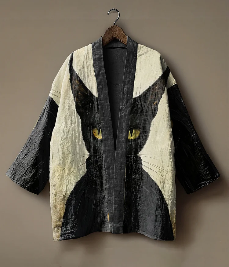 Black cat embroidered linen kimono cardigan