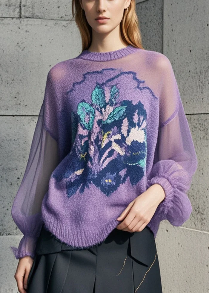 Women Purple Print Hollow Out Knit Pullover Fall