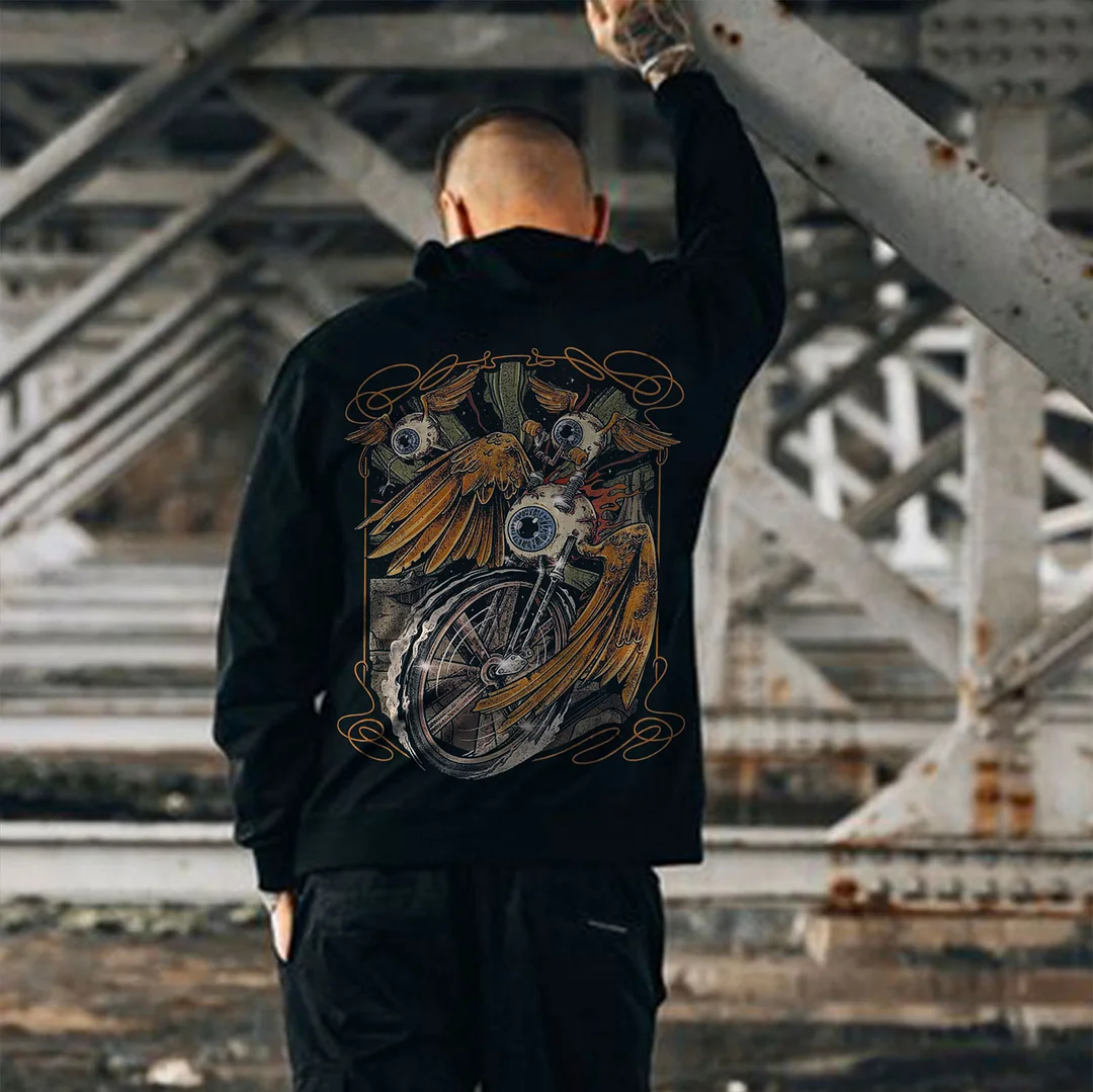 Eyes with Wings Riding A Motorcycle Industrial Style Black Print Hoodie