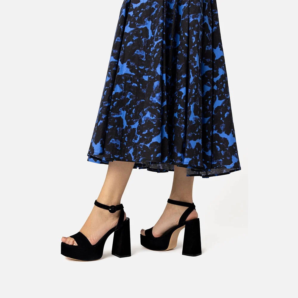 Black Vegan Suede Ankle Strap Women's Heel Sandals with Platform