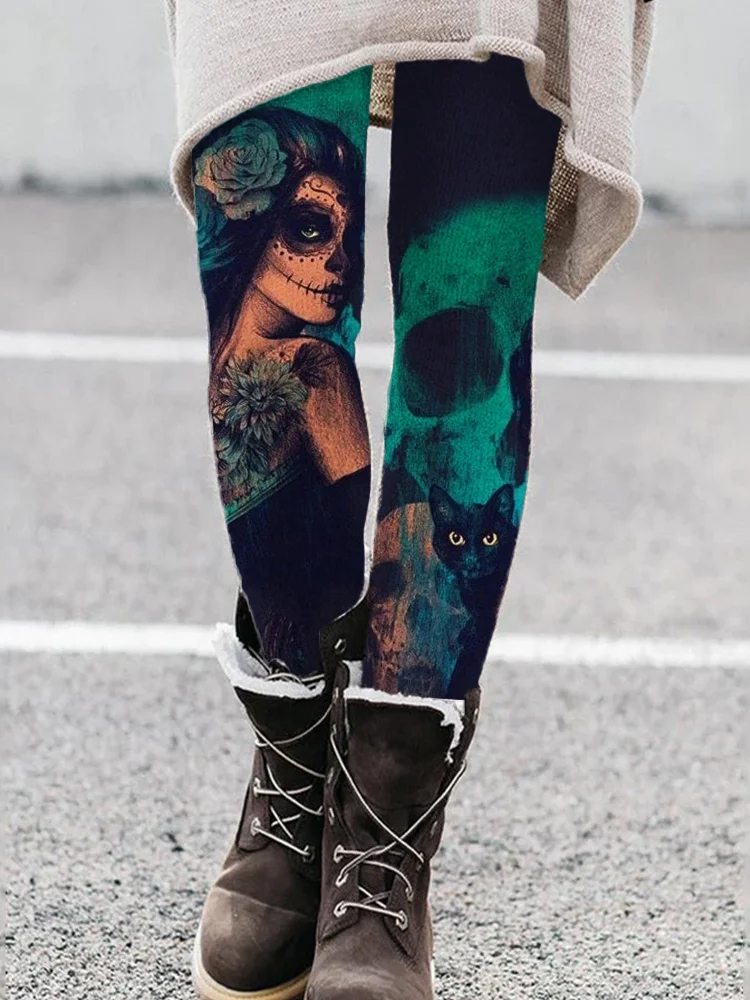 Day Of The Dead Horror Skull Black Cat Leggings