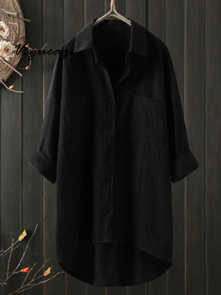 Double Pocket Solid Color Versatile Women's Casual Cotton And Linen Shirt