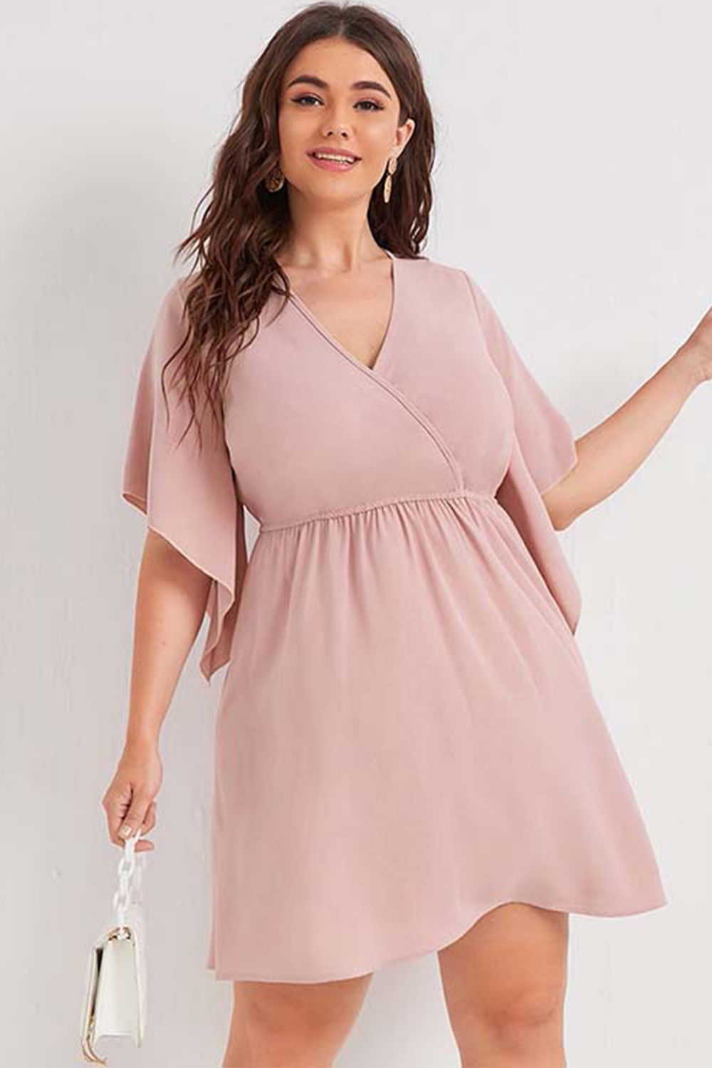 Plus Size Everyday Pink Wrap Flutter Sleeve Elastic Waist Midi Dress 2024 - Flycurvy 