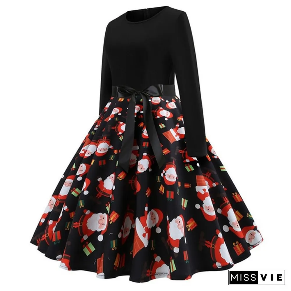 Fashion Women Christmas Swing Party Dress Printing Long sleeve Festival prom belt evening