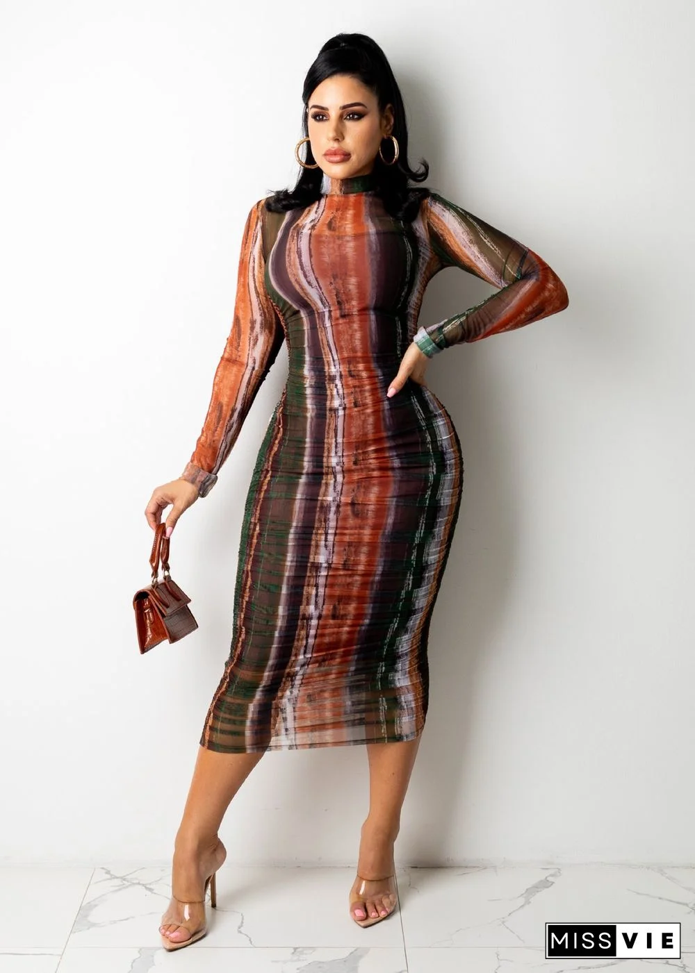 Mesh Tie Dye Print Long Sleeve Skinny Ruched Dresses