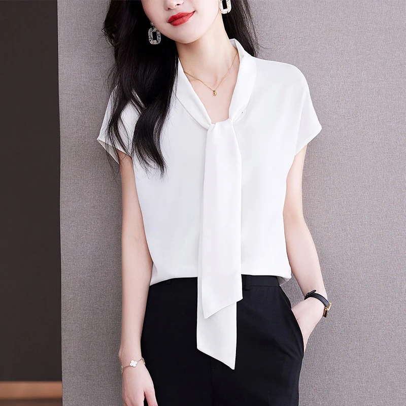Woherb Woherb Female Short Sleeve OL Commuter Wind Elegant Mulberry Silk Jacket Bow Ribbon Shirt-Outfit Ideas